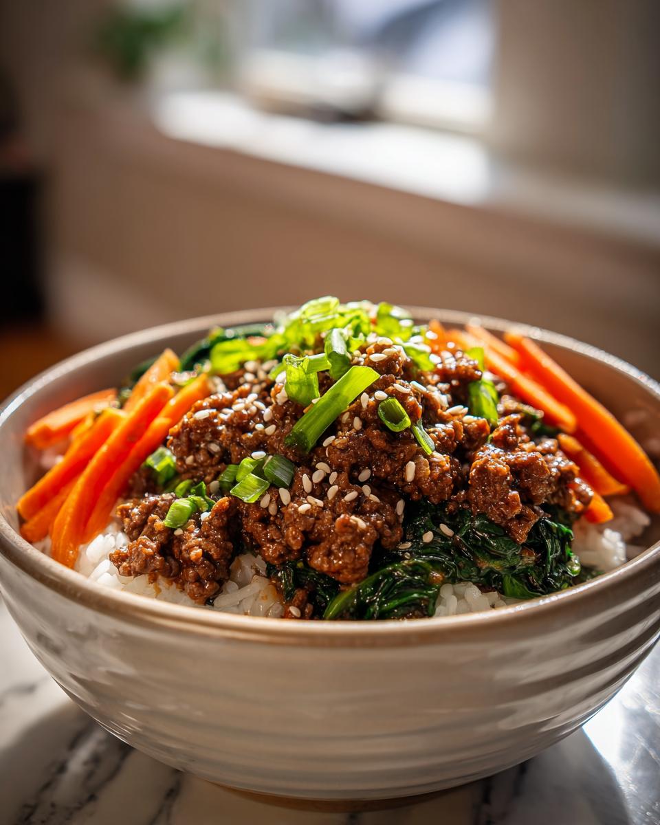 Nahaufnahme eines Korean Beef Bowl mit Rinderhack, Reis, Karottenstreifen und Frühlingszwiebeln.