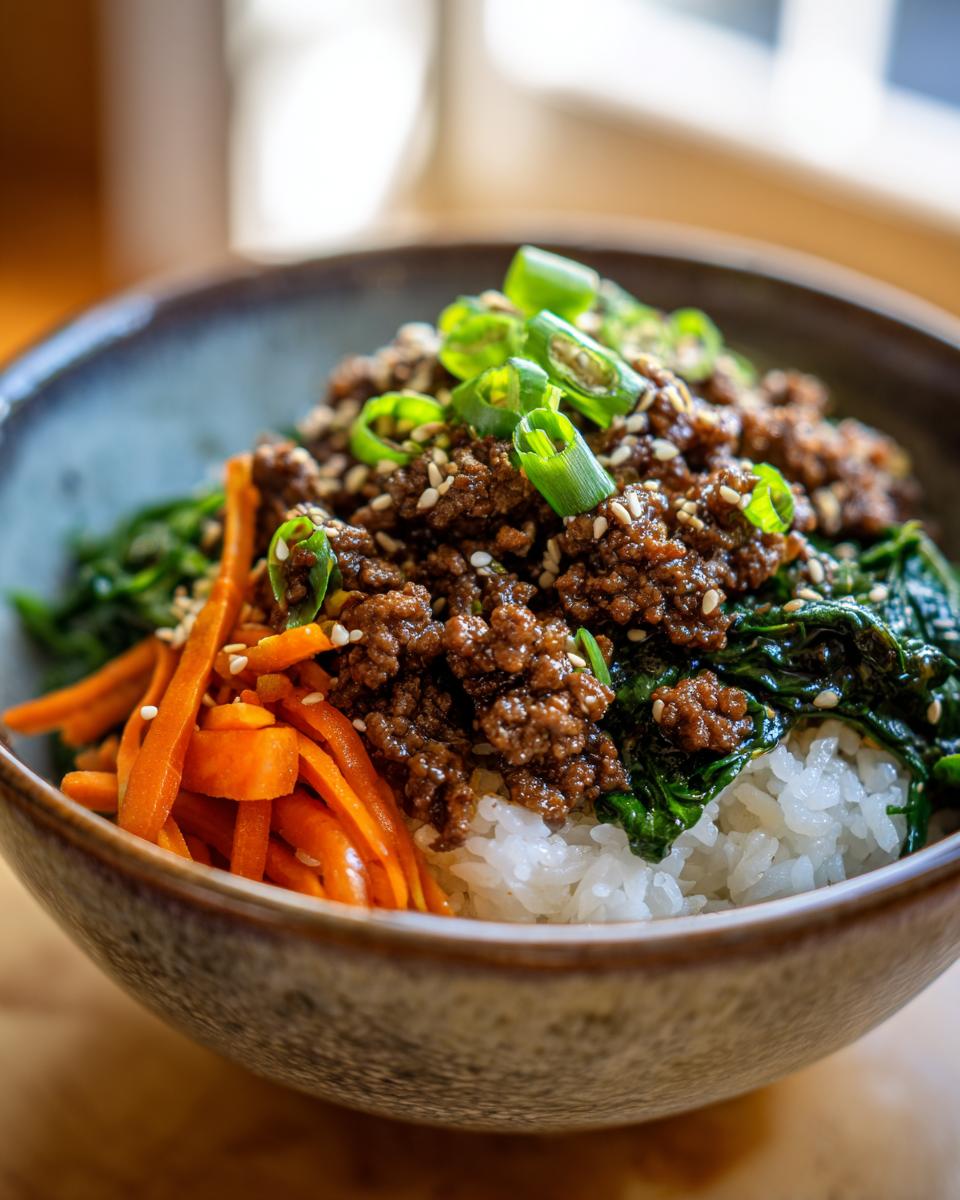 Nahaufnahme einer Schüssel Korean Beef Bowl mit Rinderhack, Reis, Karottenstreifen und Frühlingszwiebeln.