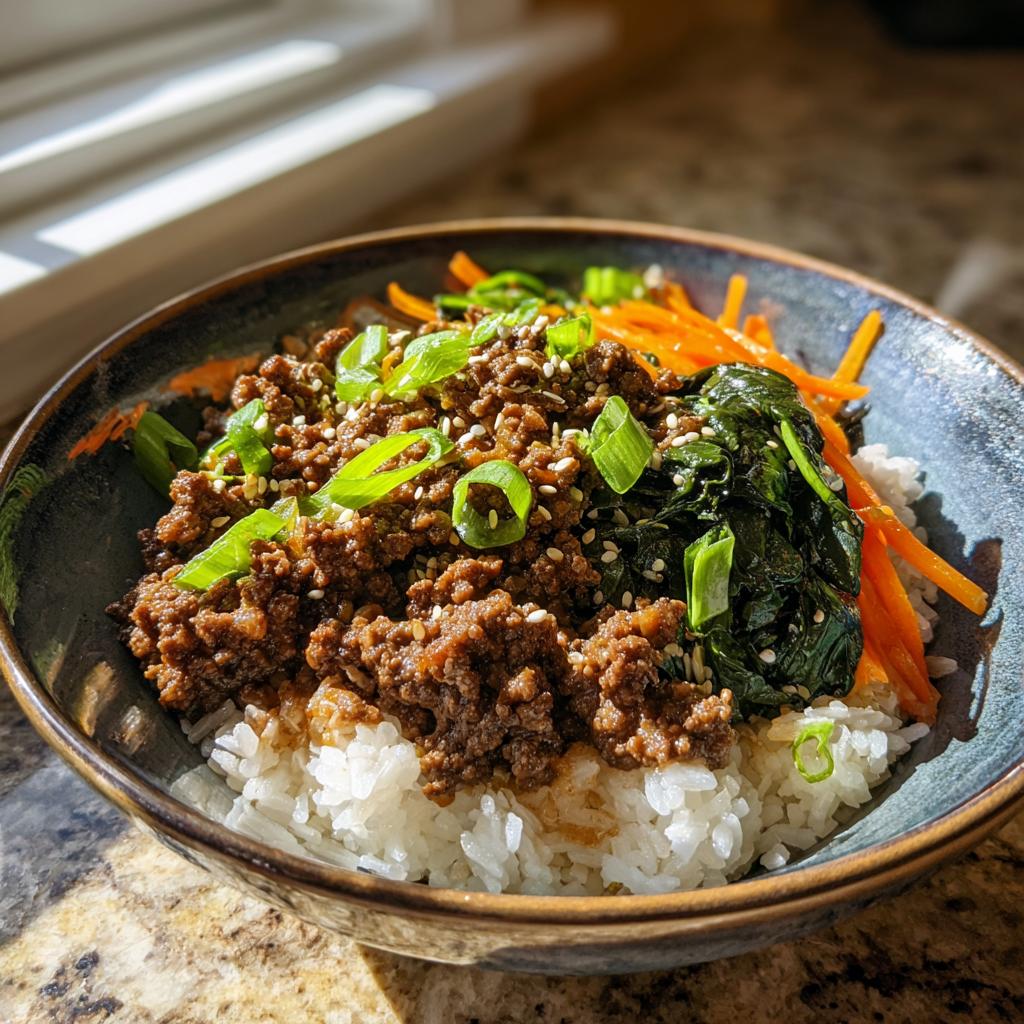 Nahaufnahme eines Korean Beef Bowl mit Rinderhack, Reis, Karottenstreifen und Frühlingszwiebeln.