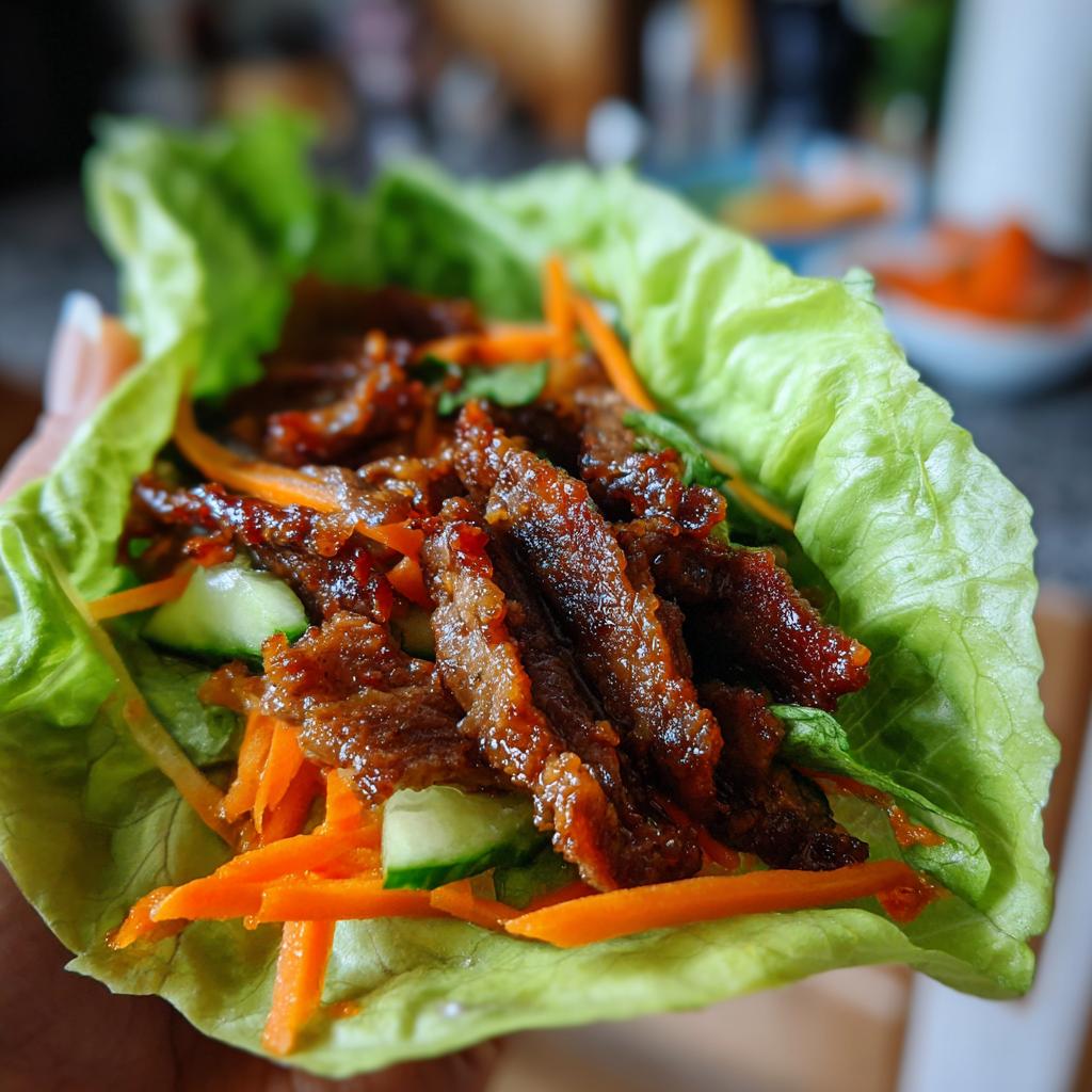 Nahaufnahme eines Korean Beef Wrap, gefüllt mit mariniertem Rindfleisch, Karottenstreifen und Gurken in einem knackigen Salatblatt.