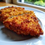 Nahaufnahme von zwei saftigen Kotlet Schabowy (Schweineschnitzel) mit goldbrauner, knuspriger Panade auf einem weißen Teller.
