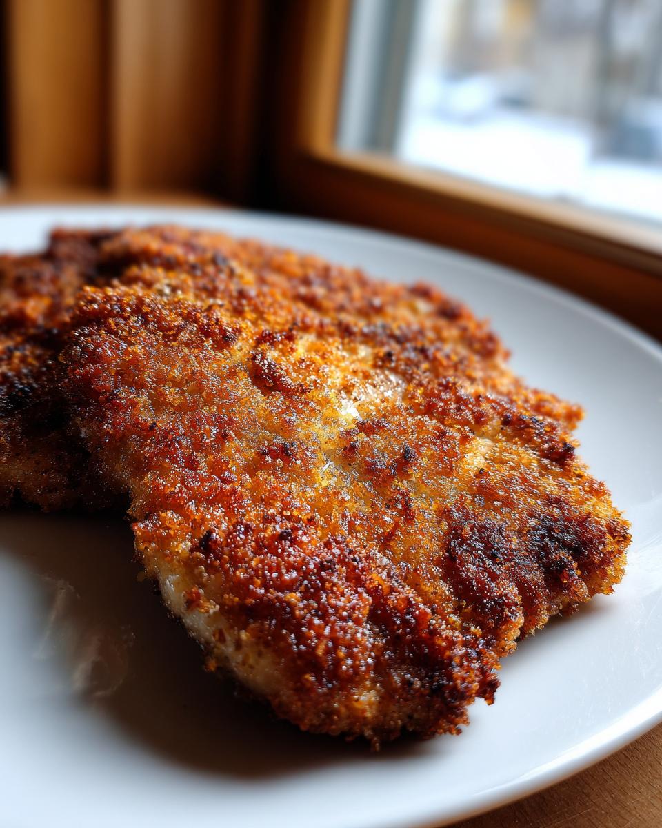 Nahaufnahme eines goldbraun panierten Kotlet Schabowy (Schweineschnitzel) auf einem weißen Teller.