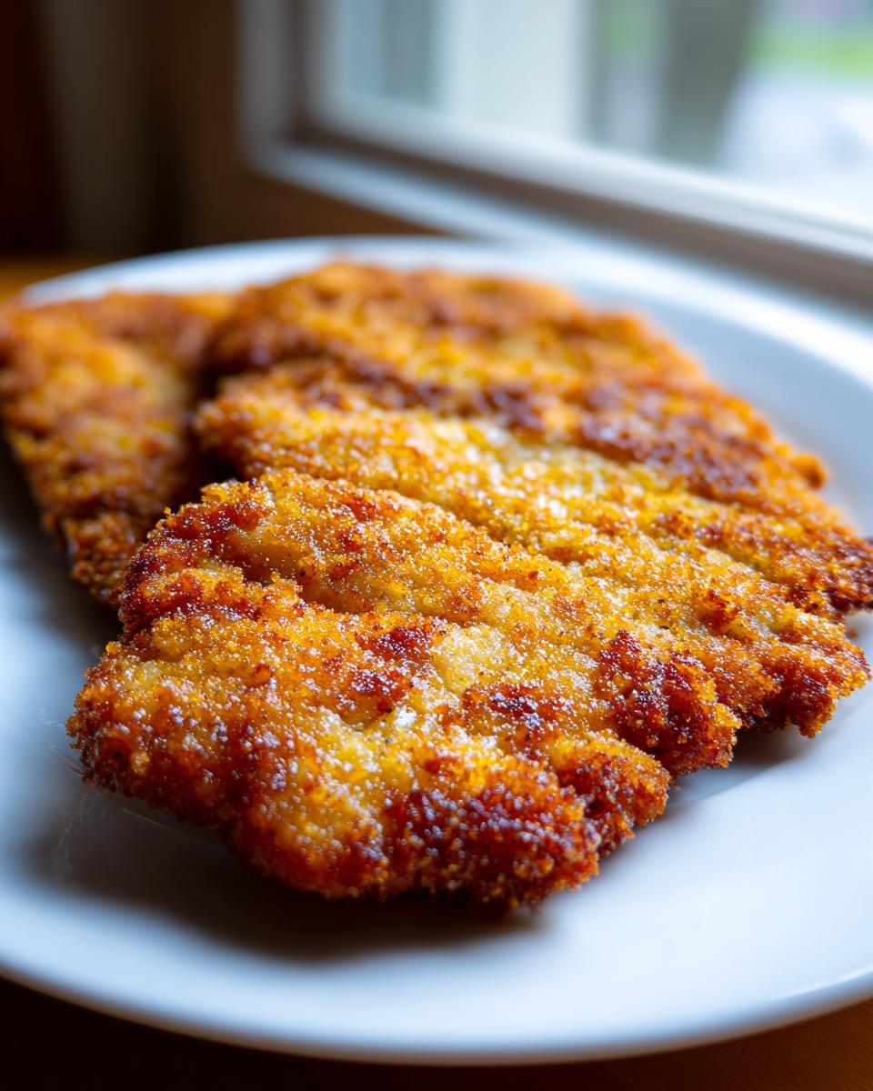 Nahaufnahme von mehreren goldbraun panierten Kotlet Schabowy (Schweineschnitzel) auf einem weißen Teller.