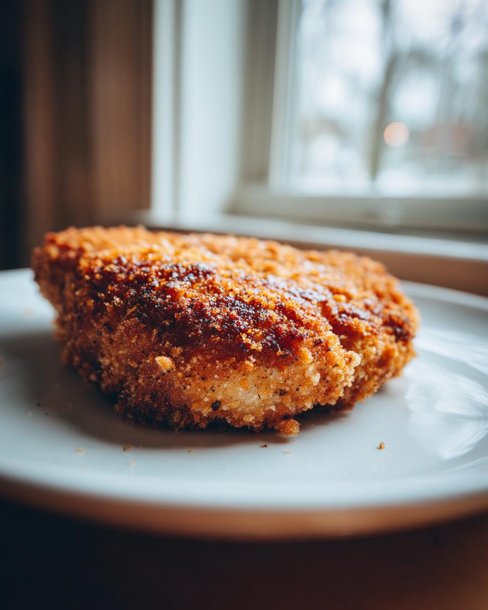 Nahaufnahme eines goldbraun panierten Kotlet Schabowy (Schweineschnitzel) auf einem weißen Teller.