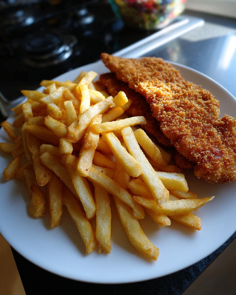 Ein Teller mit goldbraunen, knusprigen Kotlety und einer großen Portion goldgelber Pommes.