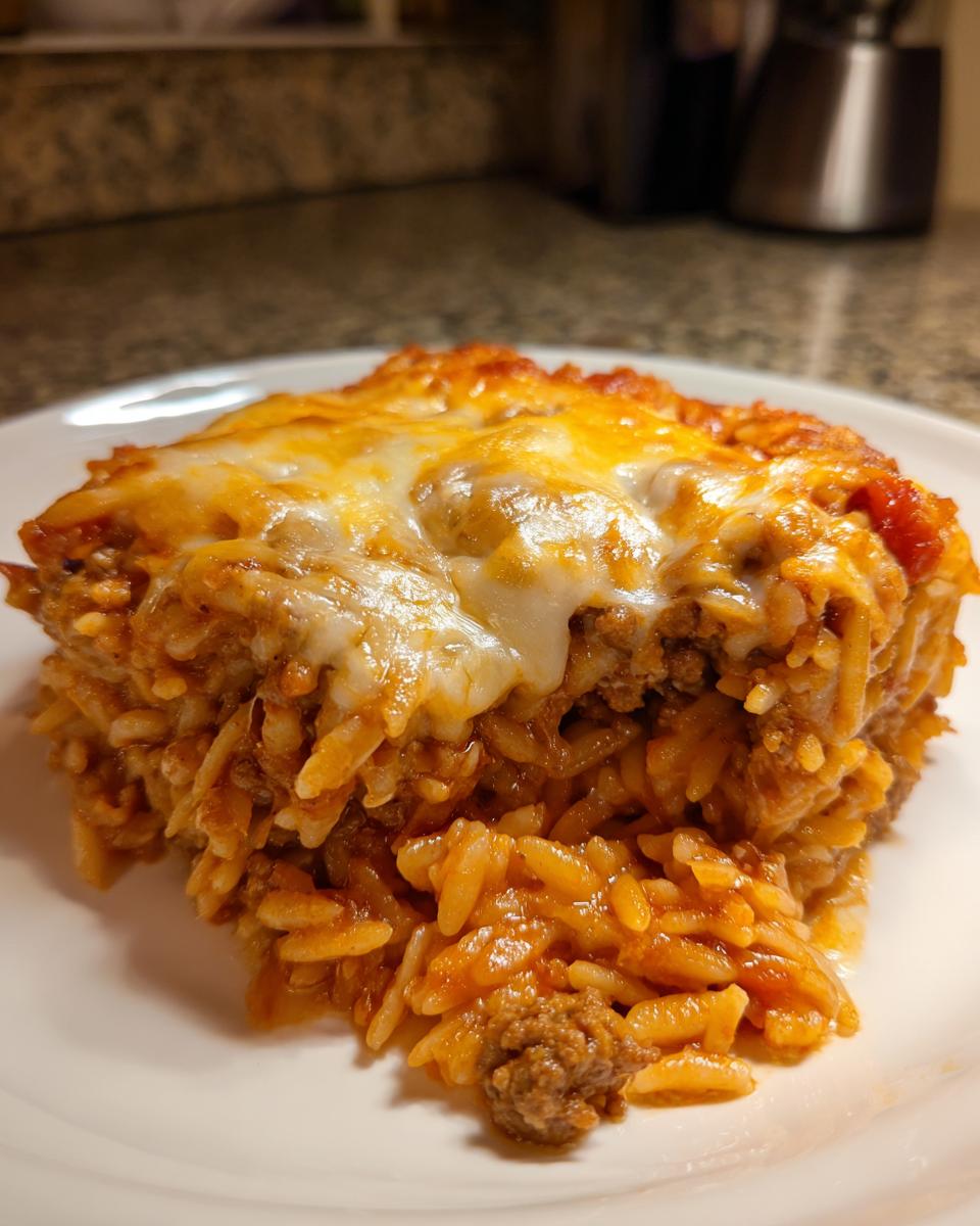 Nahaufnahme eines saftigen Stücks Kritharaki-Auflauf mit Hackfleisch und geschmolzenem Käse obenauf.