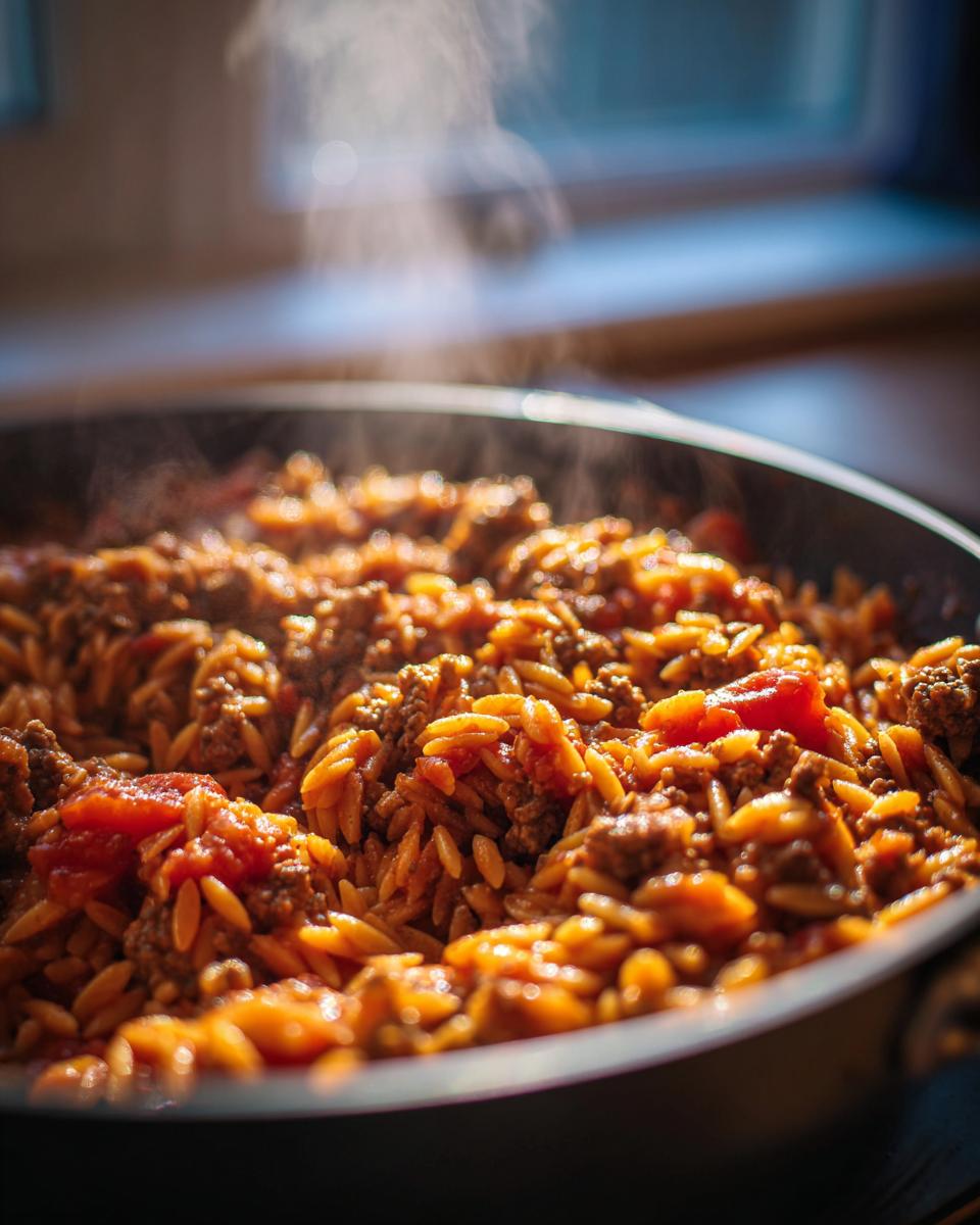 Nahaufnahme einer dampfenden Kritharaki-Hackfleisch-Pfanne mit viel Tomatensauce und Hackfleisch.