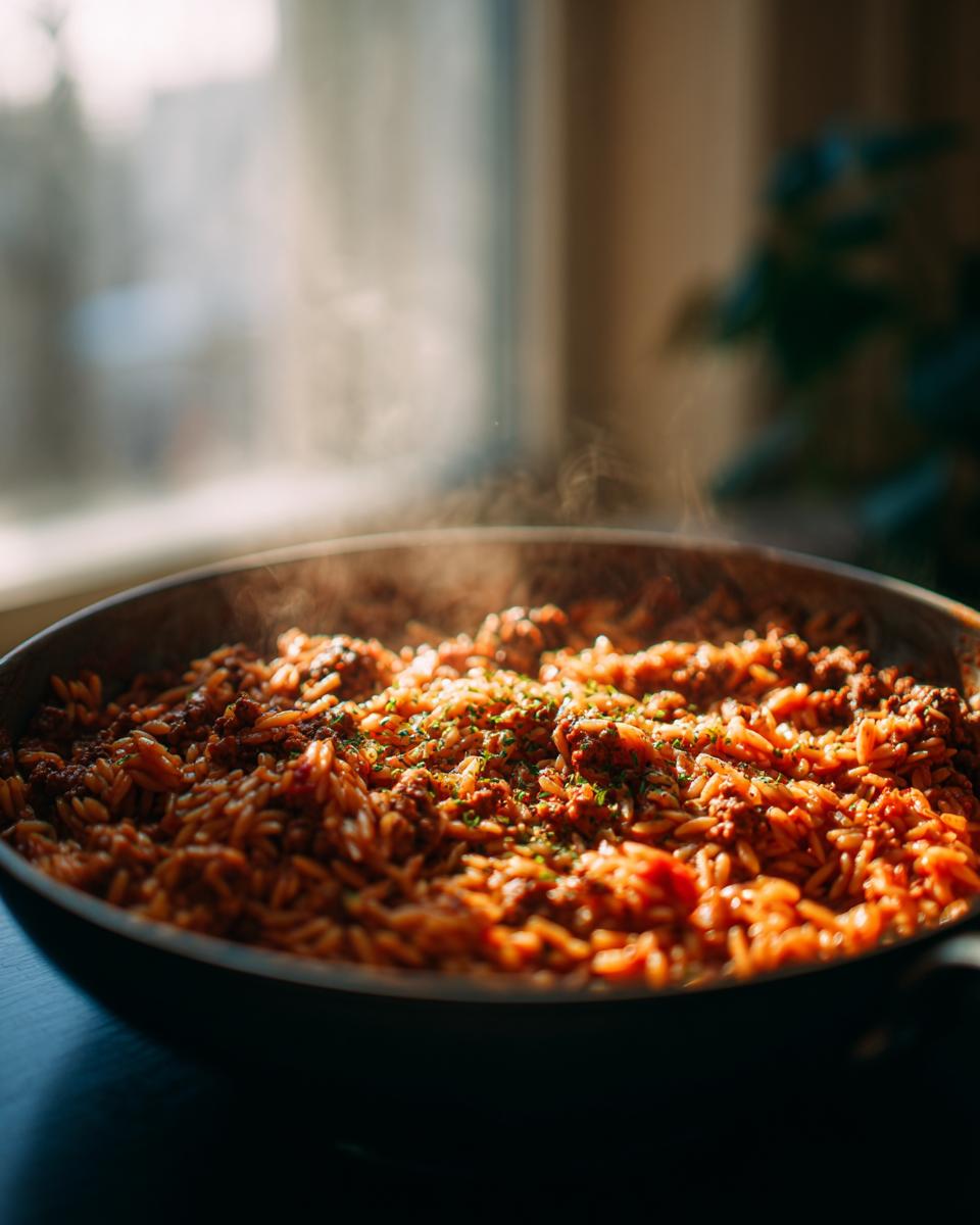 Eine dampfende Kritharaki-Hackfleisch-Pfanne, reich an Hackfleisch und Tomatensoße, garniert mit Petersilie.