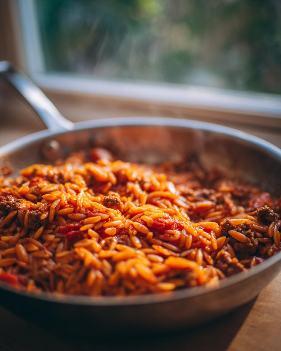 Nahaufnahme einer dampfenden Kritharaki-Hackfleisch-Pfanne mit oranger Tomatensauce in einer Metallpfanne.