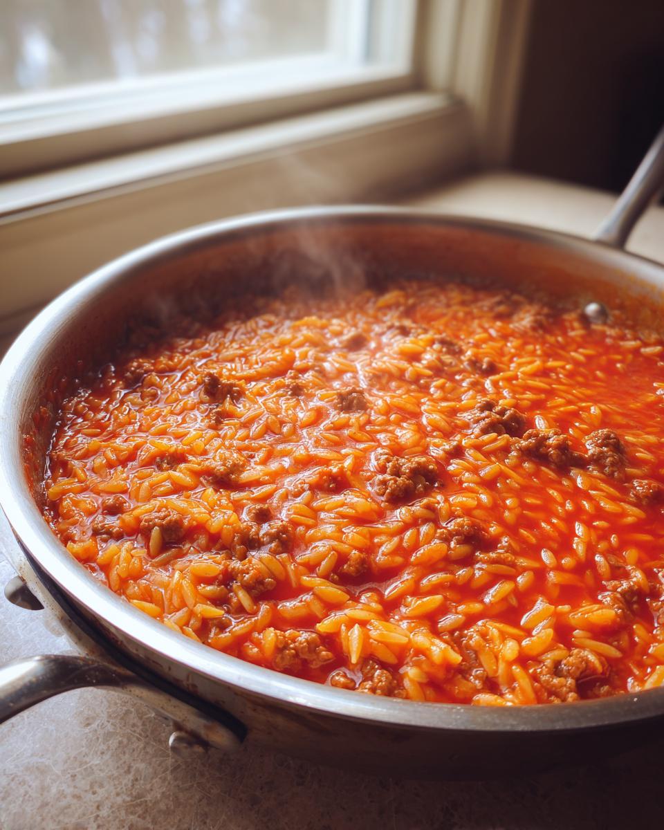 Nahaufnahme einer dampfenden Kritharaki-Hackfleisch-Pfanne mit leuchtend roter Sauce in einer Edelstahlpfanne.