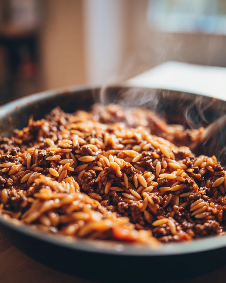 Nahaufnahme einer dampfenden Kritharaki-Hackfleisch-Pfanne mit viel Hackfleisch und orzo-Nudeln in einer dunklen Pfanne.