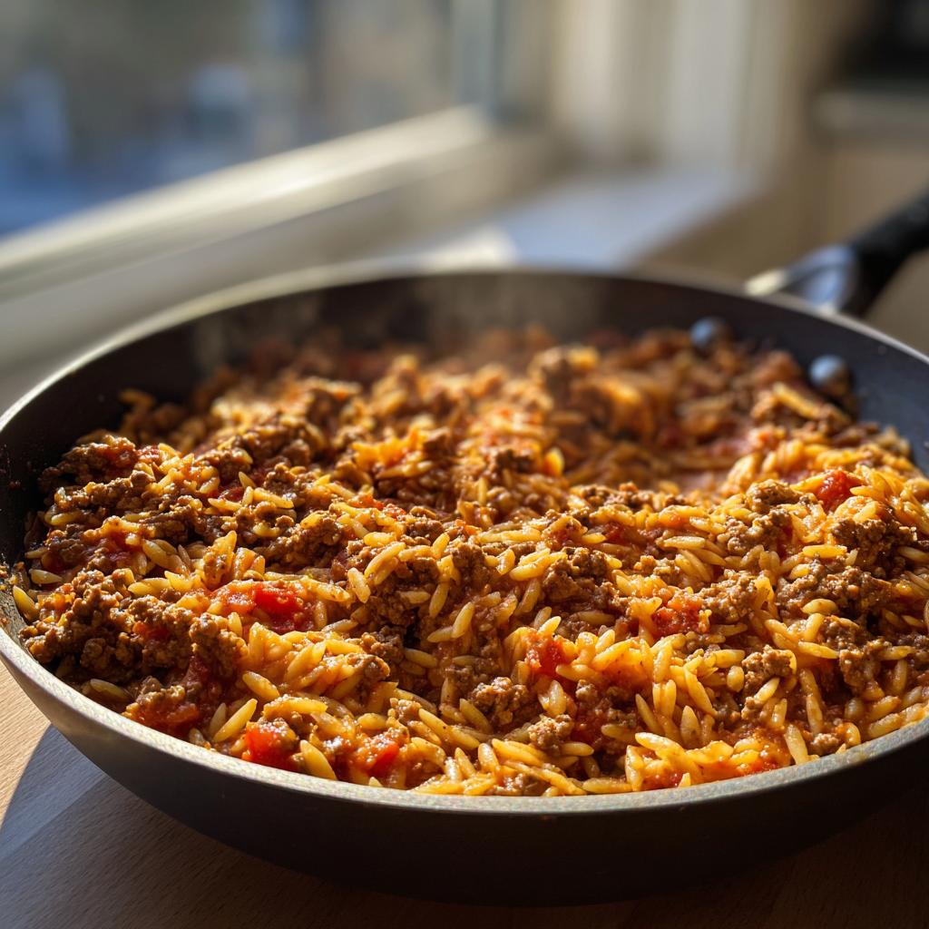 Nahaufnahme einer dampfenden Kritharaki-Hackfleisch-Pfanne mit viel Hackfleisch und Tomatensoße.