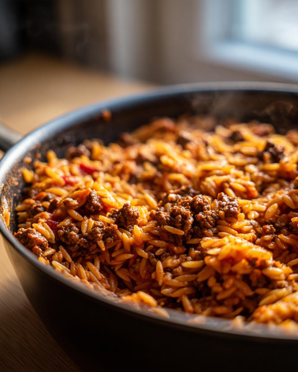 Nahaufnahme der dampfenden Kritharaki-Hackfleisch-Pfanne mit saftigem Hackfleisch und Reisnudeln.