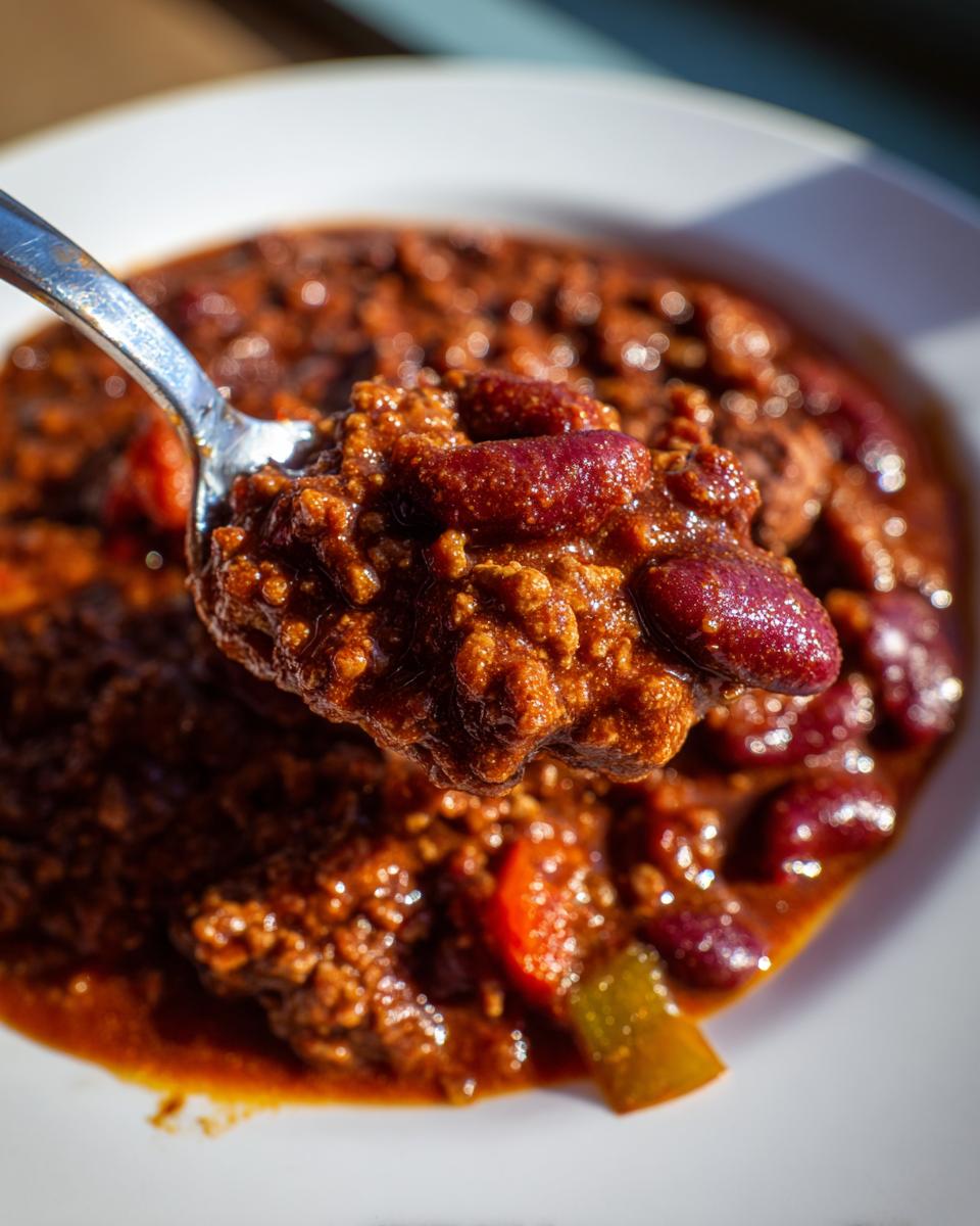 Nahaufnahme eines Löffels, der eine Portion Pikantes Chili con Carne mit viel Hackfleisch und Kidneybohnen hochhebt.