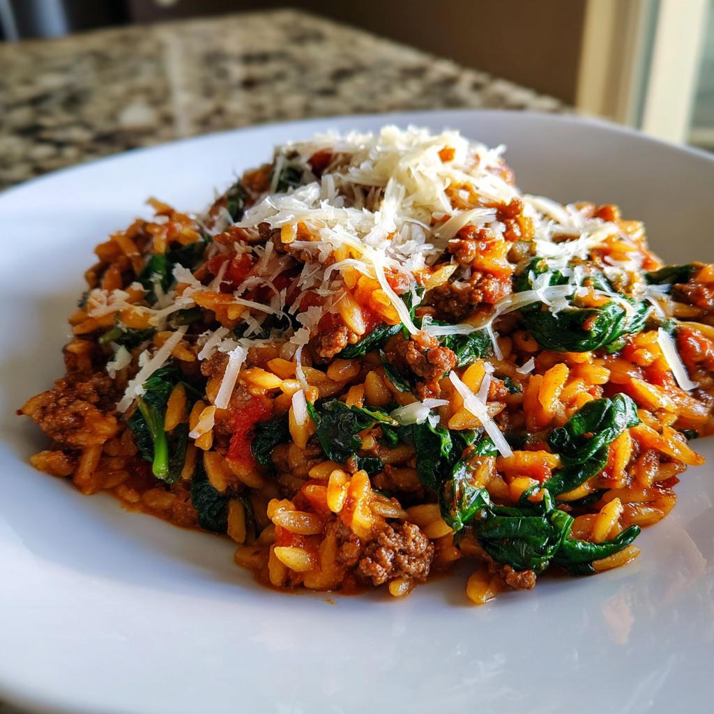 Nahaufnahme der Mediterranen Orzo-Hackpfanne mit Spinat und reichlich frisch geriebenem Parmesan.