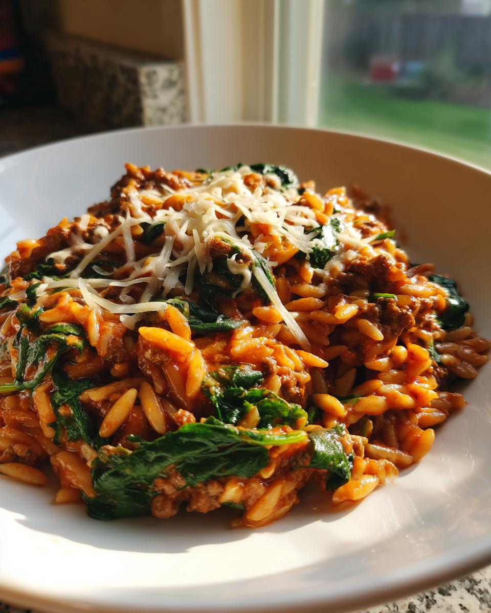 Nahaufnahme einer Schüssel mit Mediterraner Orzo-Hackpfanne mit Spinat und geschmolzenem Parmesan.