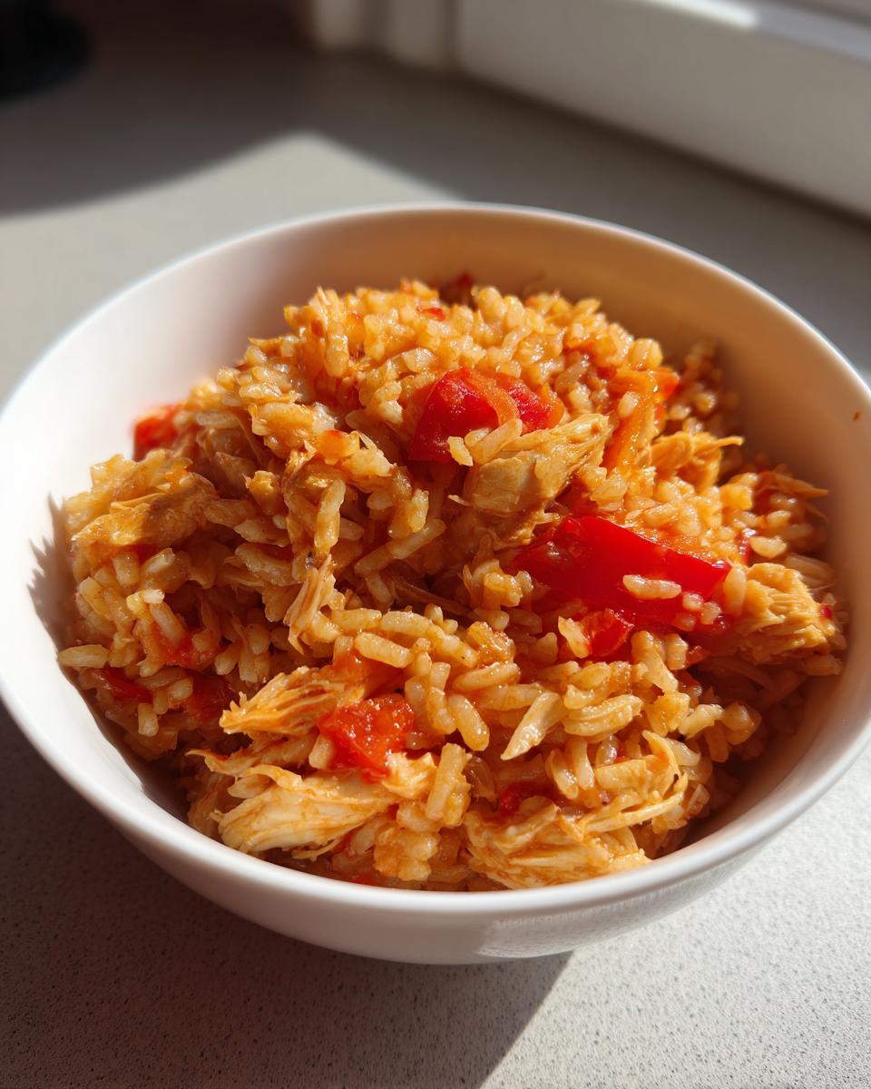Nahaufnahme einer weißen Schüssel mit Mediterraner Reispfanne mit Hähnchen, leuchtend rot durch Tomaten.