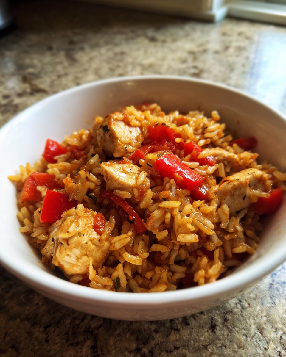 Eine Schale mit herzhafter Mediterraner Reispfanne mit Hähnchen und roten Paprikastücken.