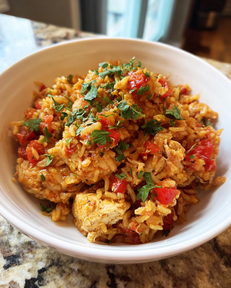 Nahaufnahme einer Mediterranen Reispfanne mit Hähnchen, garniert mit frischer Petersilie in einer weißen Schüssel.