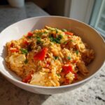 Eine Schale mit fertiger Mediterraner Reispfanne mit Hähnchen, garniert mit Petersilie und roten Paprikastücken.