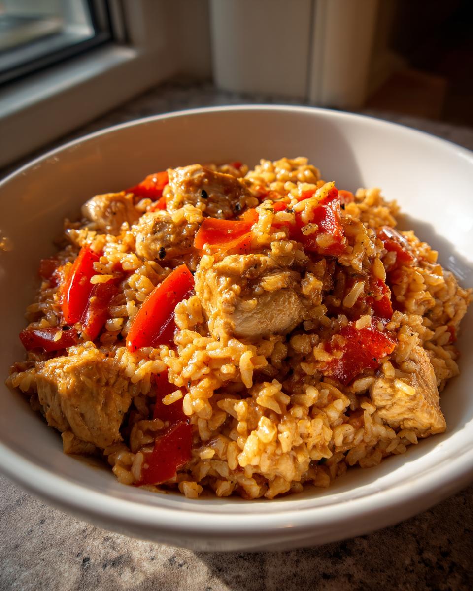 Nahaufnahme der Mediterranen Reispfanne mit Hähnchen und roten Paprikastücken in einer weißen Schüssel.