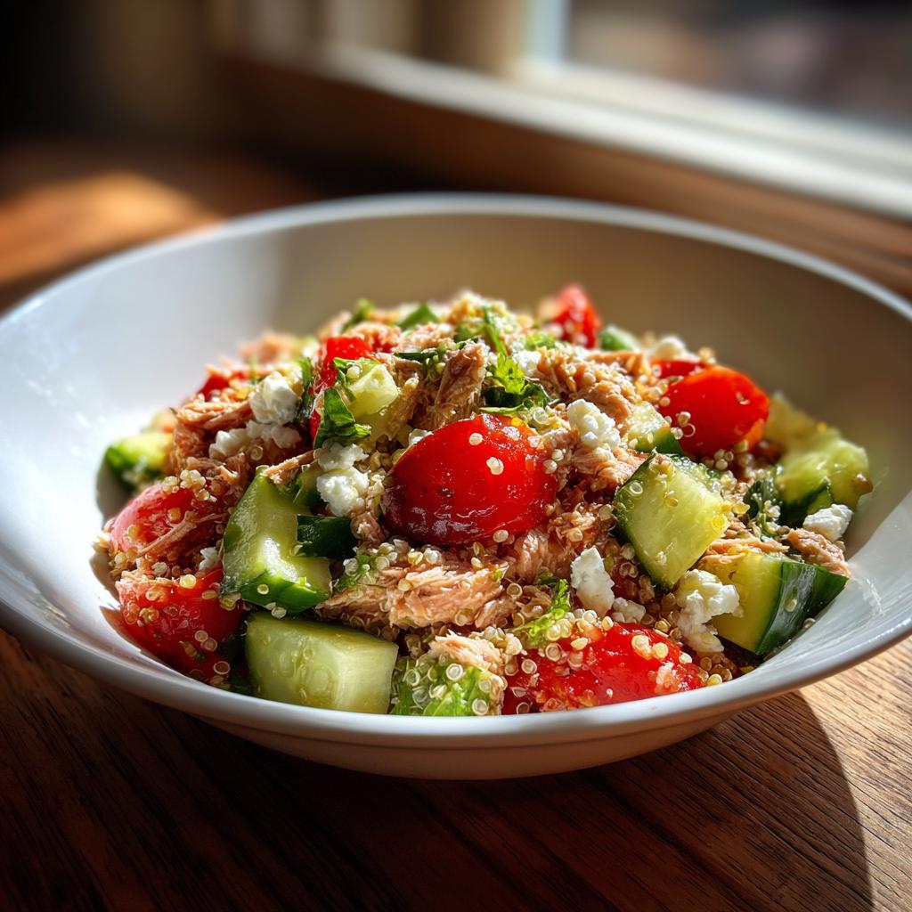 Nahaufnahme einer Mediterranen Thunfisch-Bowl mit Quinoa, Kirschtomaten, Gurkenstücken und Feta.
