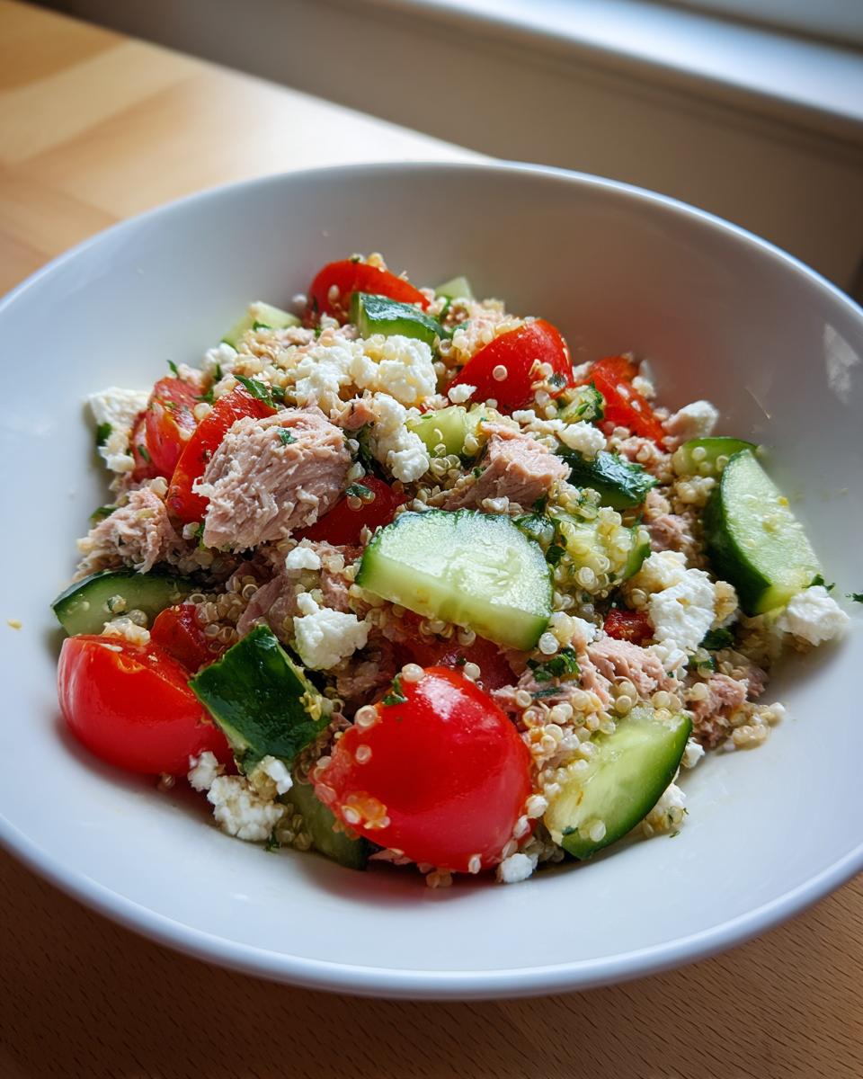 Nahaufnahme einer Mediterranen Thunfisch-Bowl mit Quinoa, Kirschtomaten, Gurkenstücken und Feta.