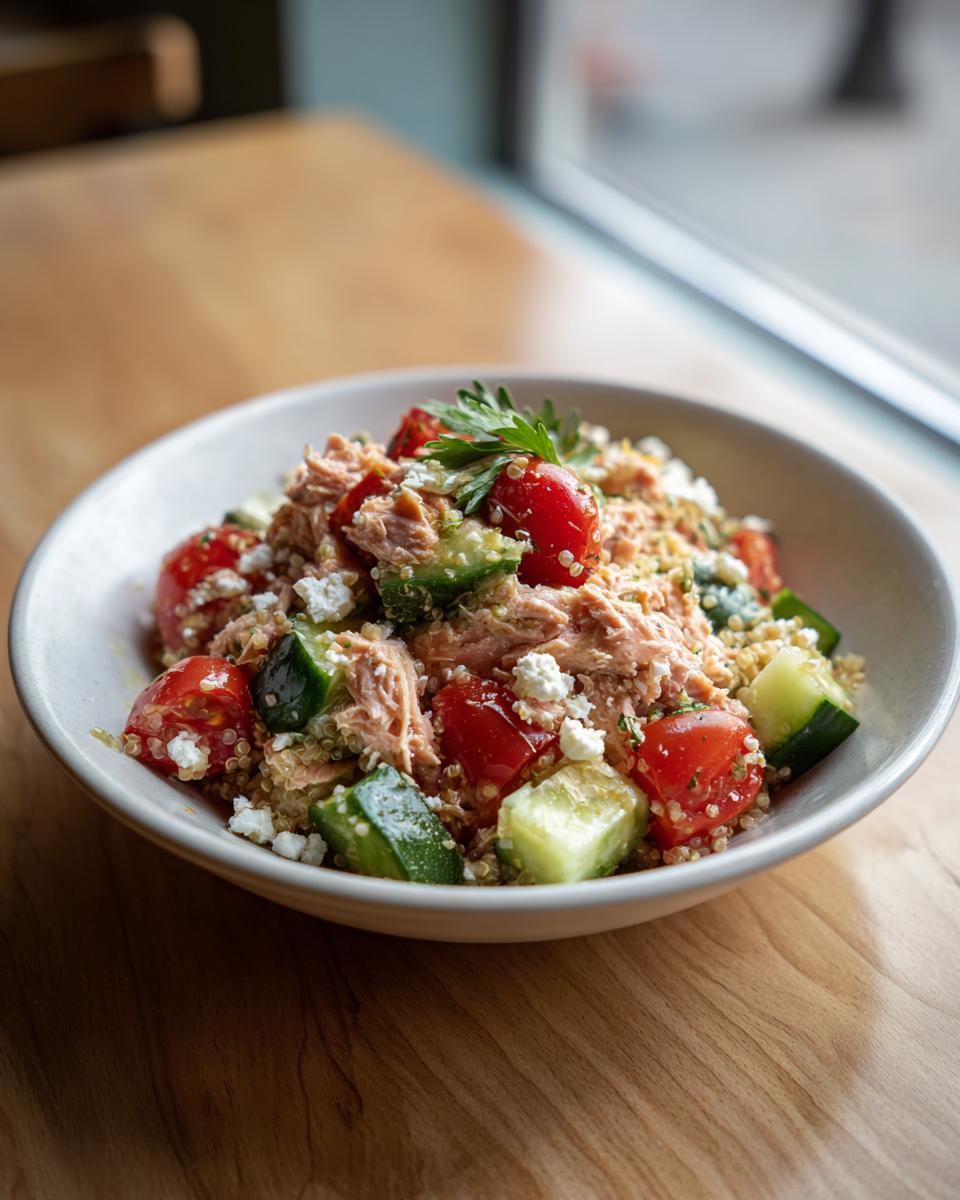 Nahaufnahme einer Mediterranen Thunfisch-Bowl mit Quinoa, Kirschtomaten, Gurkenstücken und Feta.