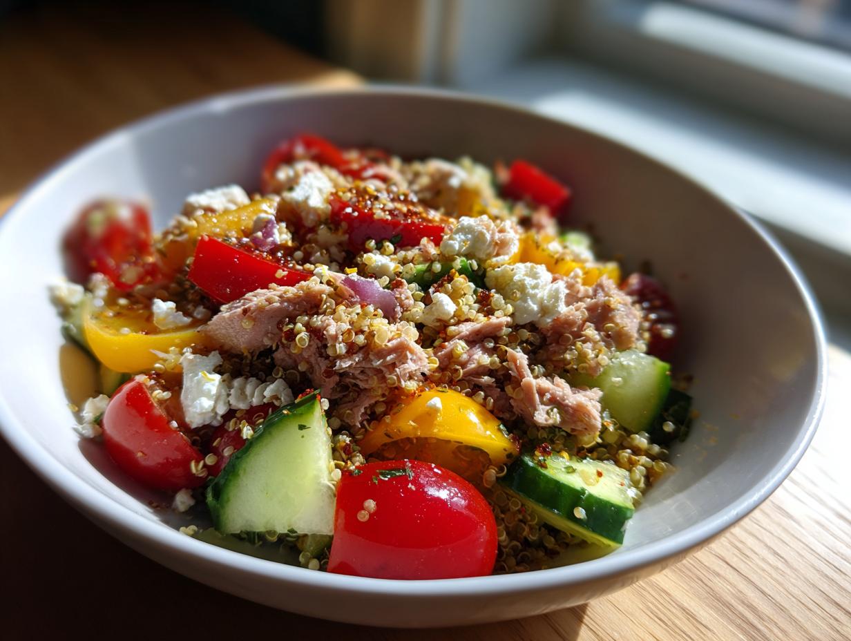 Bunte Mediterrane Thunfisch-Bowl mit Quinoa, Tomaten, Gurken und Feta in einer weißen Schüssel.