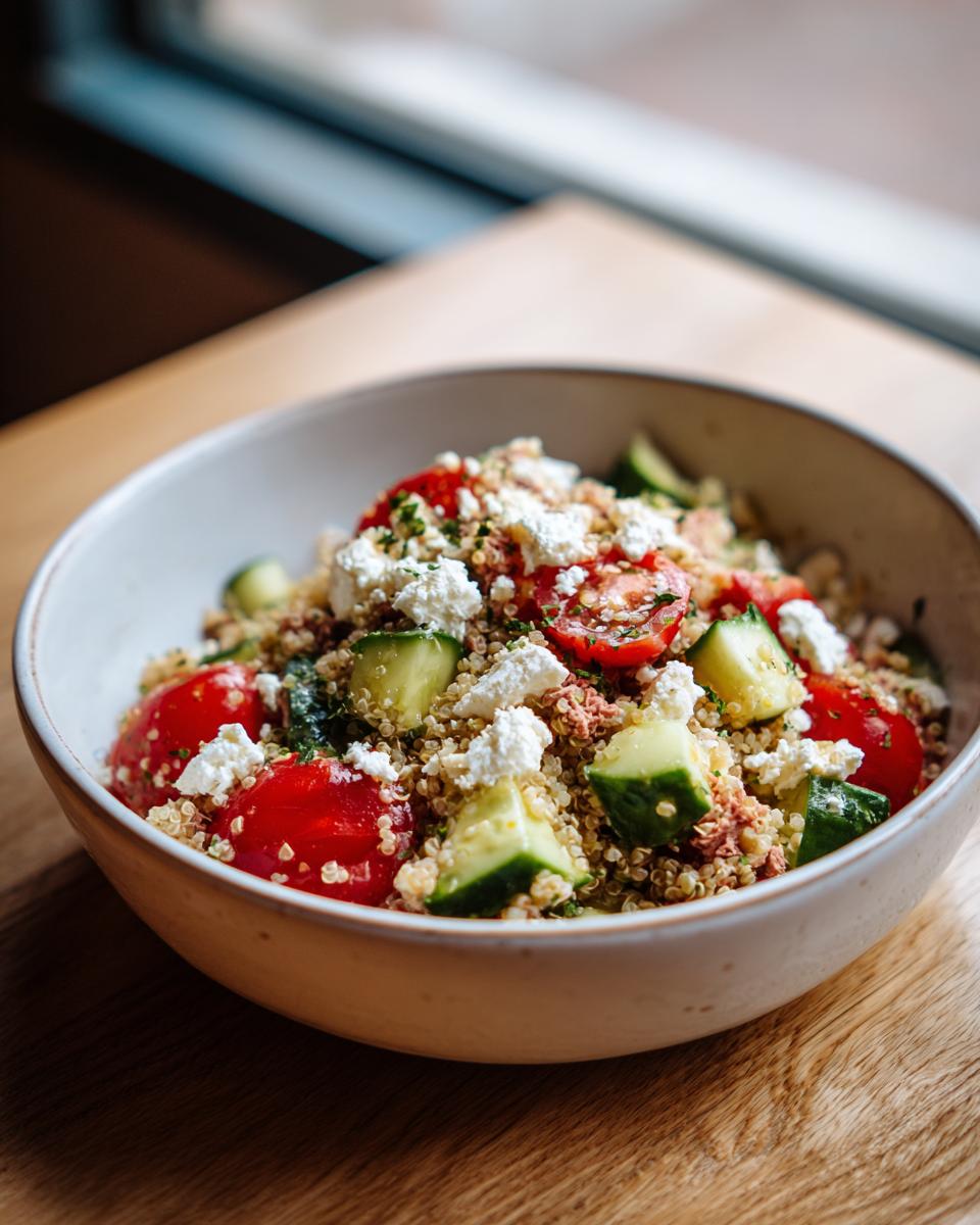 Nahaufnahme einer Mediterranen Thunfisch-Bowl mit Quinoa, Kirschtomaten, Gurkenstücken und zerbröseltem Feta.