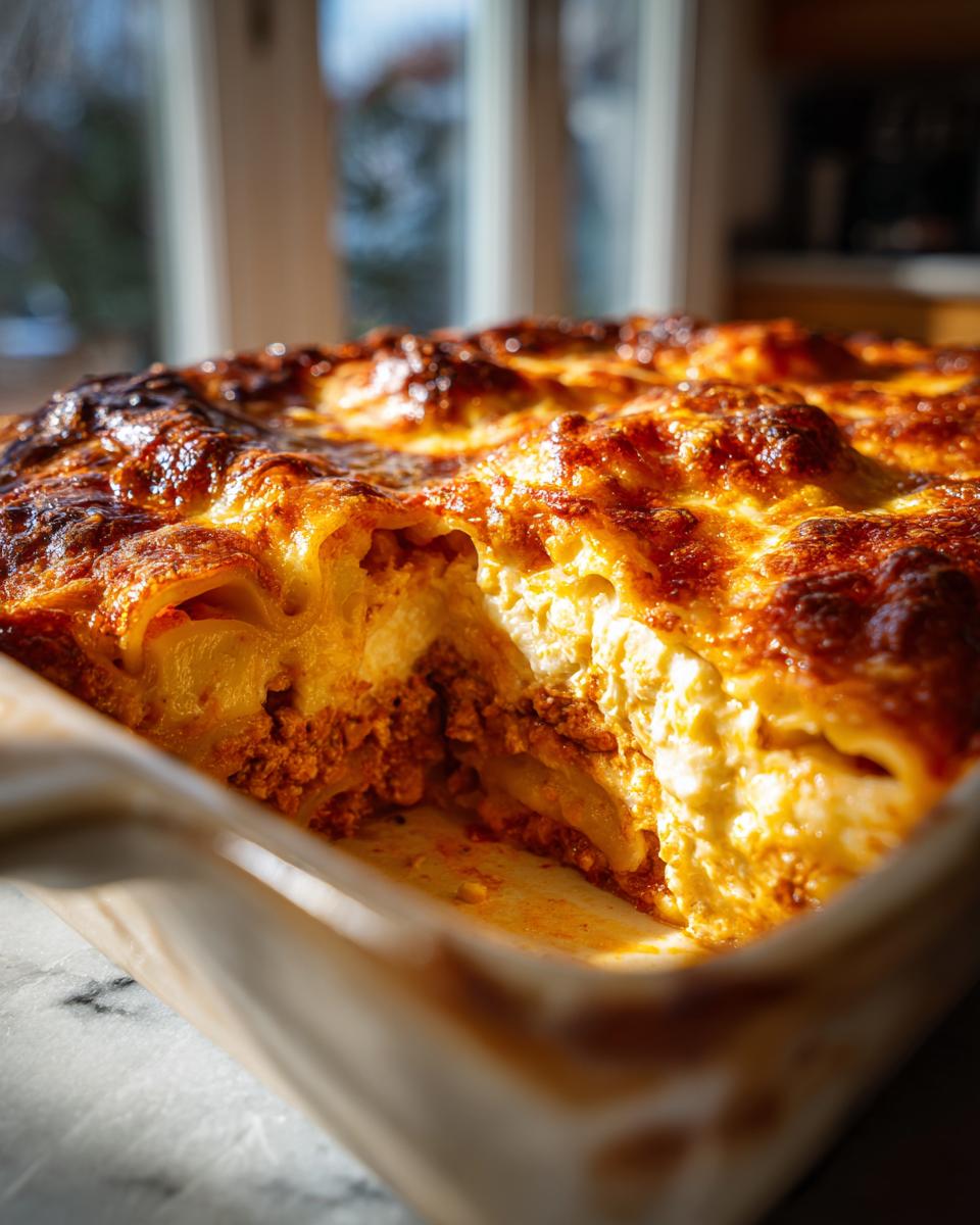 Nahaufnahme des saftigen Million Dollar Ravioli Auflaufs mit einer goldbraunen, überbackenen Käsekruste.