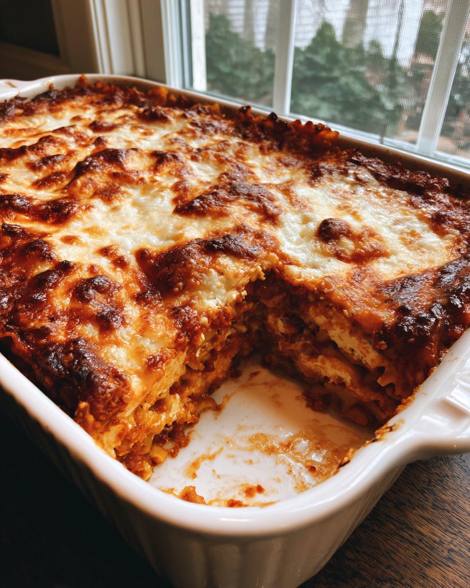 Ein goldbraun überbackener Million Dollar Ravioli Auflauf in einer weißen Auflaufform, eine Portion wurde bereits entnommen.