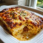 Ein goldbraun überbackener Million Dollar Ravioli Auflauf in einer weißen Auflaufform, ein Stück entnommen.