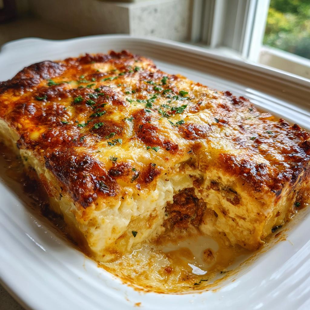 Ein goldbraun überbackener Million Dollar Ravioli Auflauf in einer weißen Auflaufform, ein Stück entnommen.