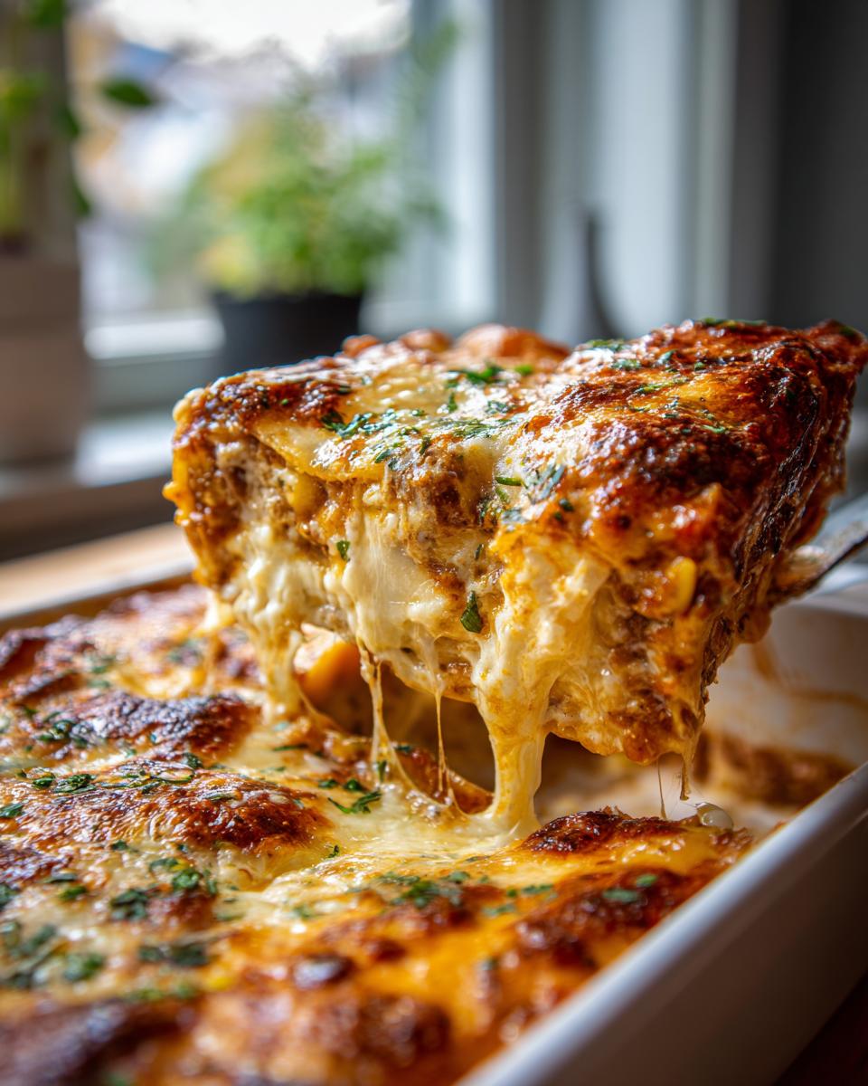 Ein Stück Million Dollar Ravioli Auflauf wird herausgehoben, mit langgezogenem, geschmolzenem Käse.