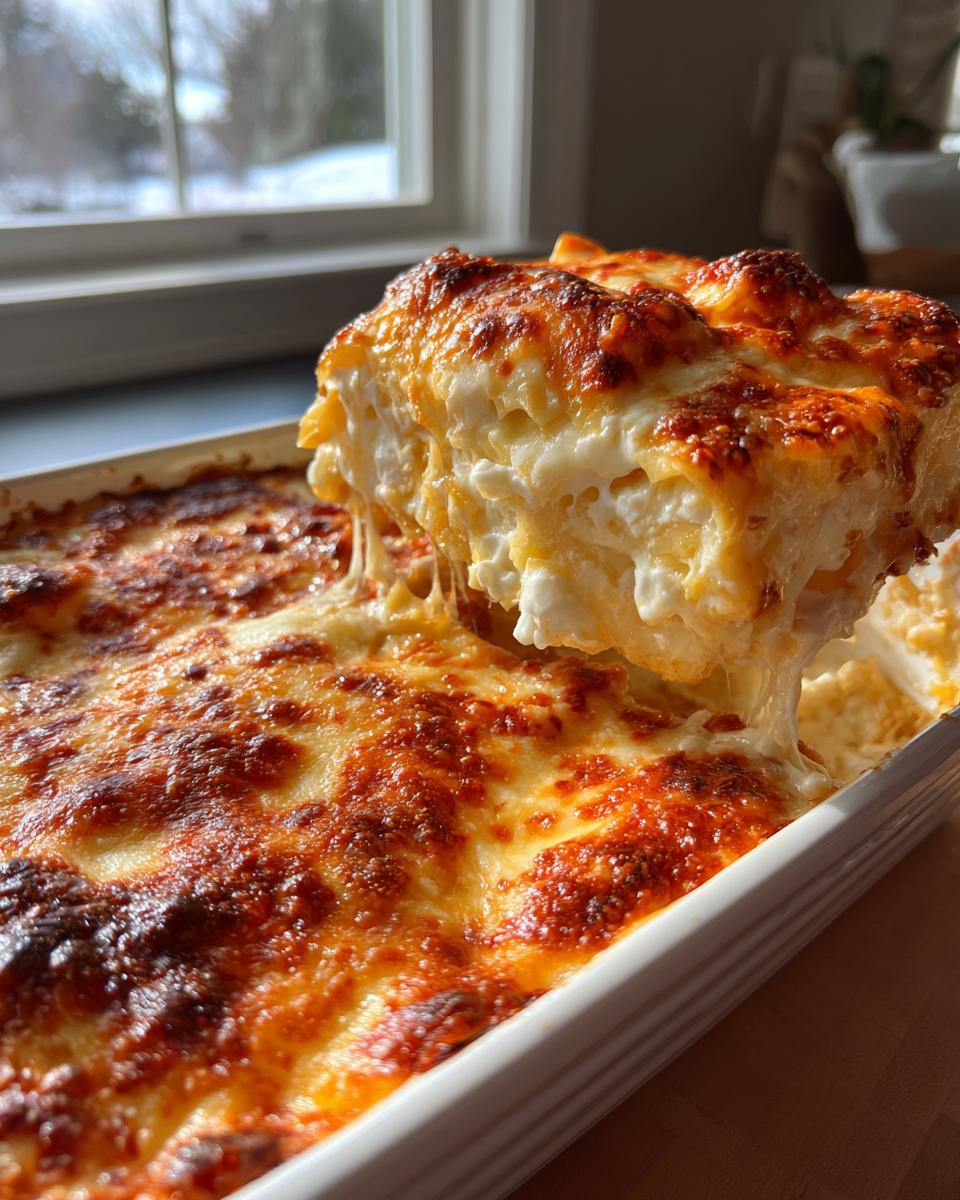 Ein Stück cremiger Million Dollar Ravioli Auflauf wird aus der Auflaufform gehoben, mit goldbrauner Käsekruste.