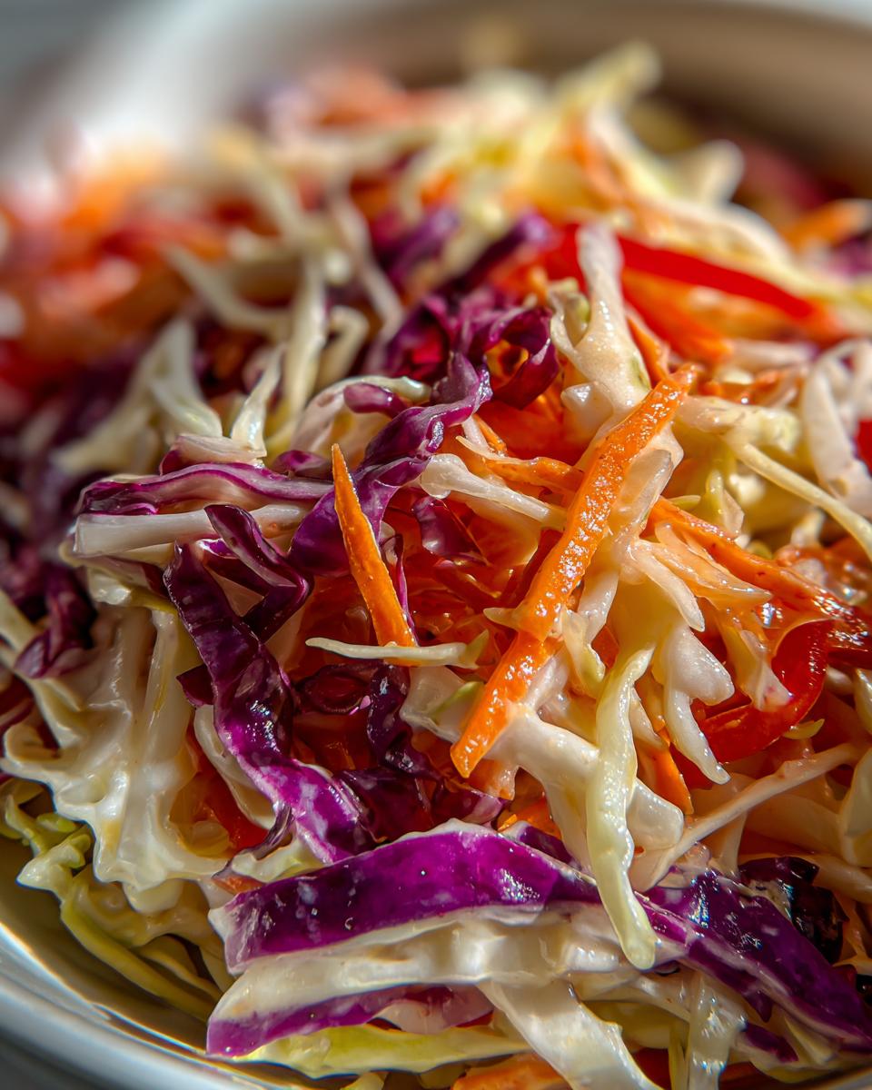 Nahaufnahme von frisch zubereitetem Amerikanischer Krautsalat mit geraspeltem Weißkohl, Rotkohl und Karotten in cremiger Soße.