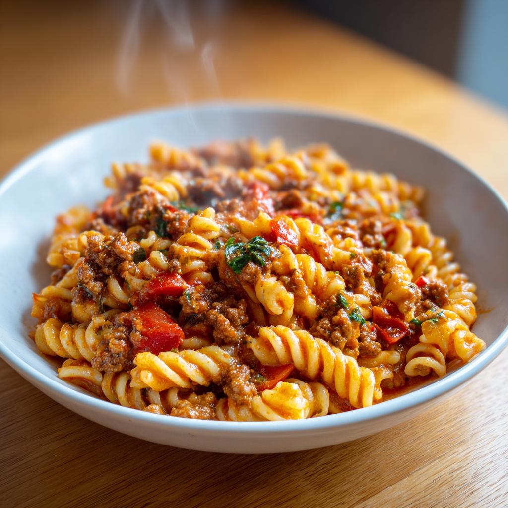 Nahaufnahme eines dampfenden Nudel-Hackfleisch-Topf „Hausfrauen Art“ mit Spiralnudeln und Hackfleischsauce in einer weißen Schüssel.