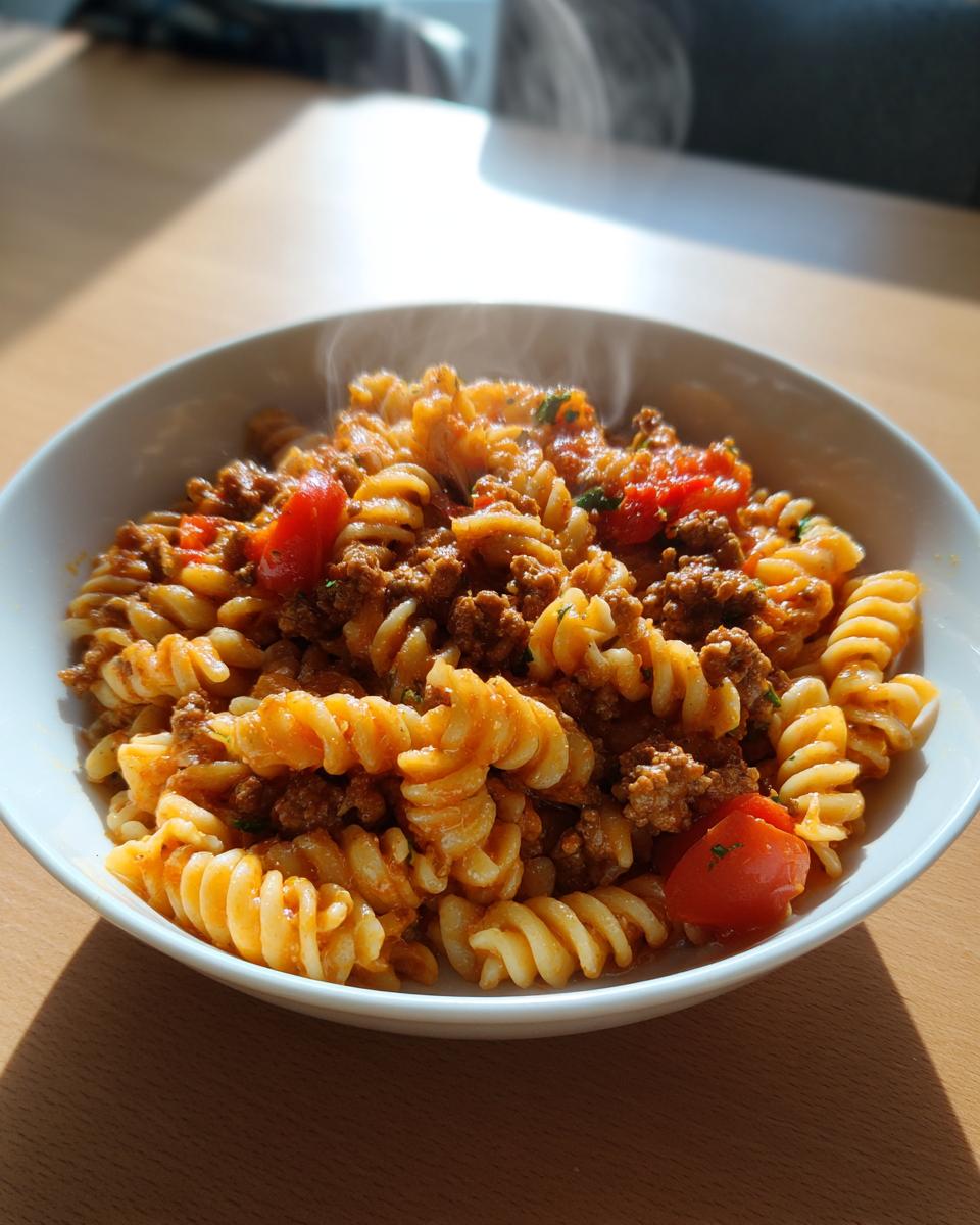 Nahaufnahme eines dampfenden Nudel-Hackfleisch-Topf „Hausfrauen Art“ mit Fusilli, Hackfleischsauce und Tomatenstücken in einer weißen Schüssel.