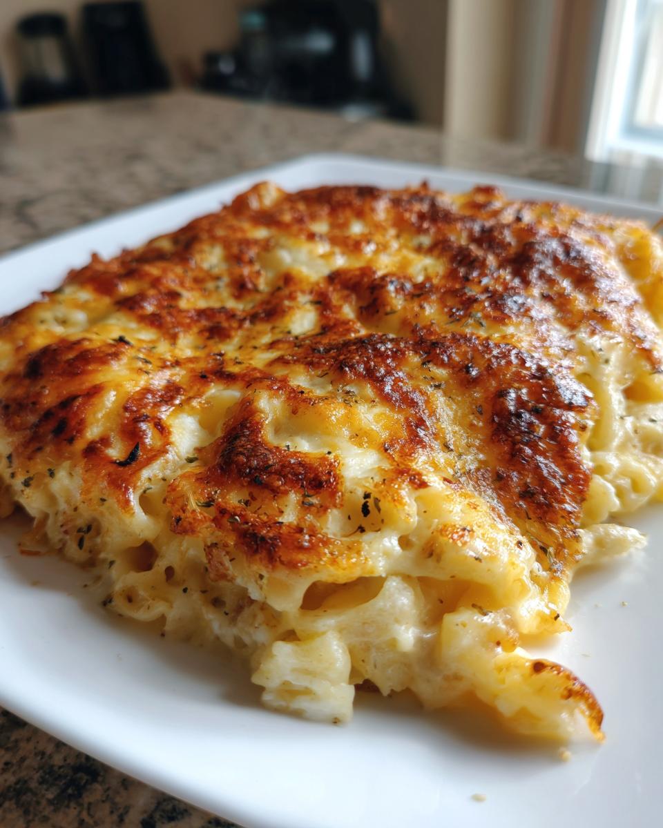 Nahaufnahme eines Stücks Nudel-Schinken-Gratin mit einer herrlich goldbraun überbackenen Käsekruste.