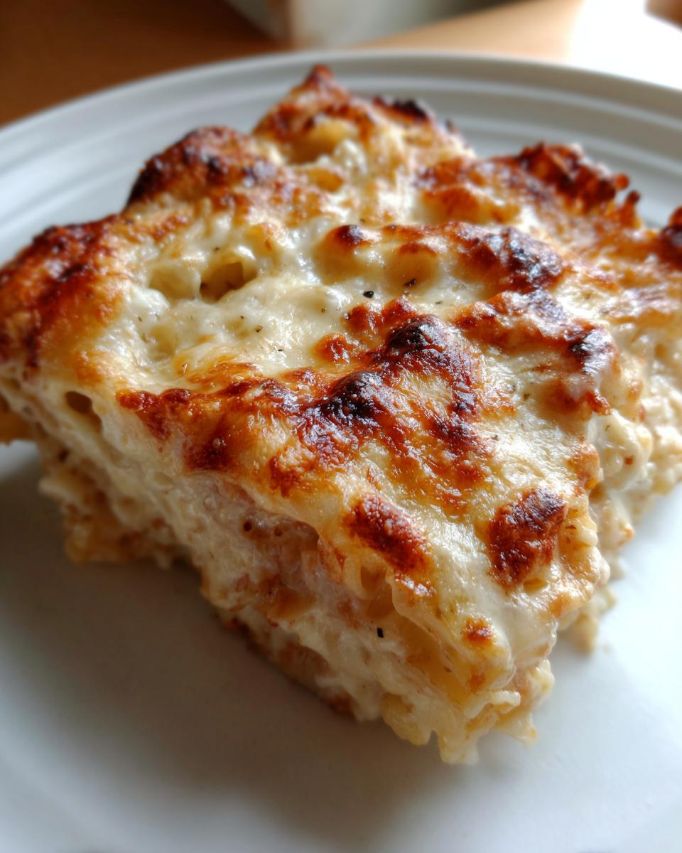 Nahaufnahme eines Stücks Nudel-Schinken-Gratin mit einer herrlich goldbraun überbackenen Käsekruste.