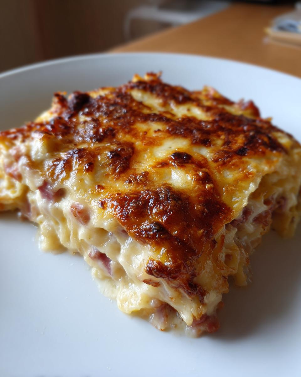 Ein großes Stück Nudel-Schinken-Gratin wie aus der Kindheit mit cremigem Inneren und goldbraun überbackener Käsekruste.