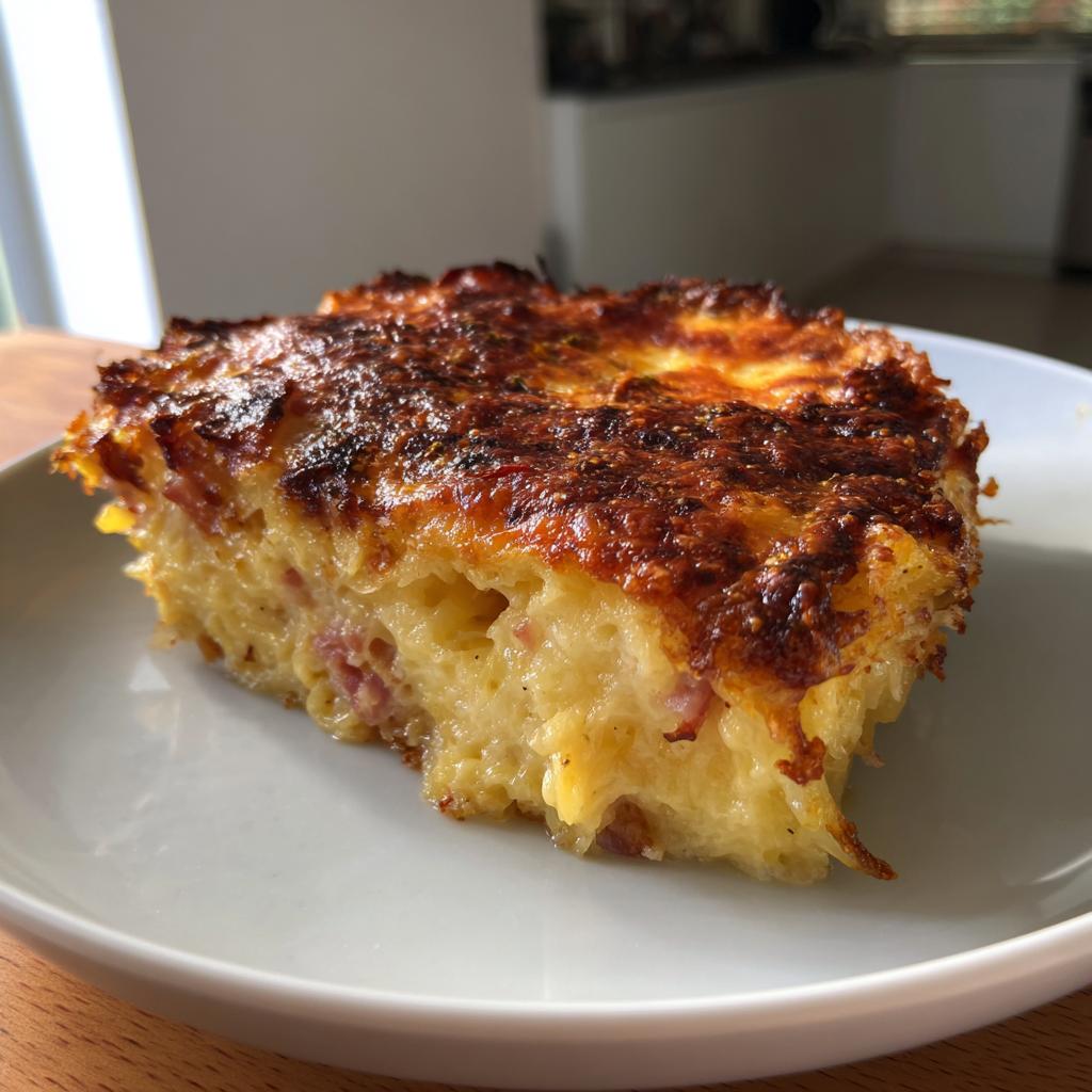 Ein saftiges Stück Nudel-Schinken-Gratin wie aus der Kindheit mit herrlich knuspriger Käsekruste.