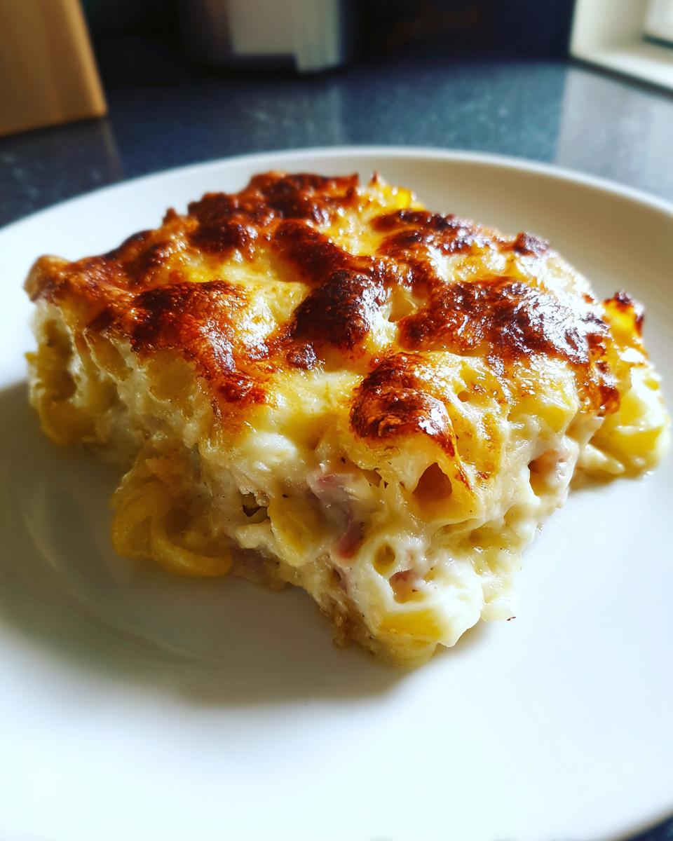 Nahaufnahme eines cremigen Stücks Nudel-Schinken-Gratin wie aus der Kindheit mit knusprig überbackenem Käse.