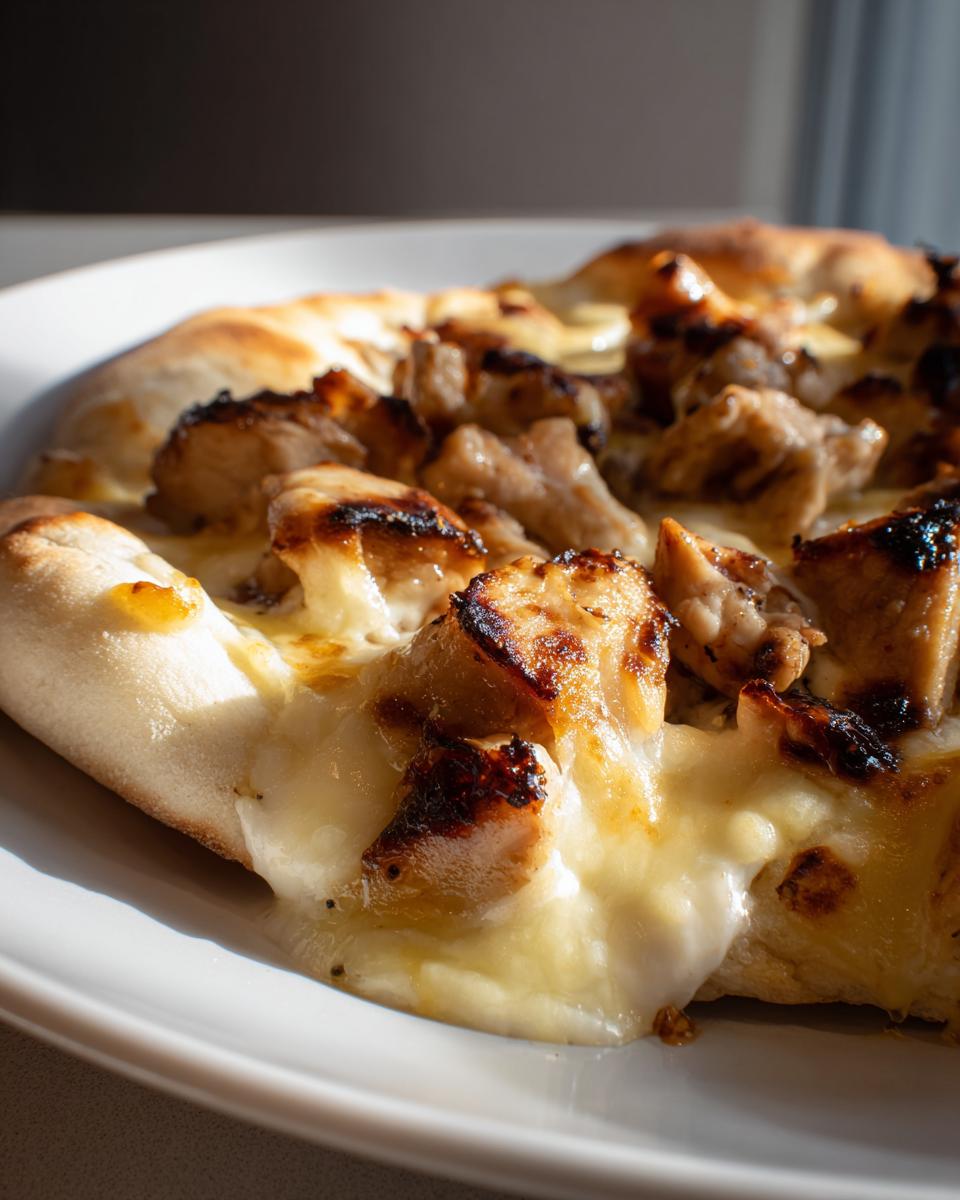 Nahaufnahme von saftigen Fleischstücken auf einem knusprigen Boden, bedeckt mit geschmolzenem Käse, typisch für Ofen-Gyros mit Käse überbacken.