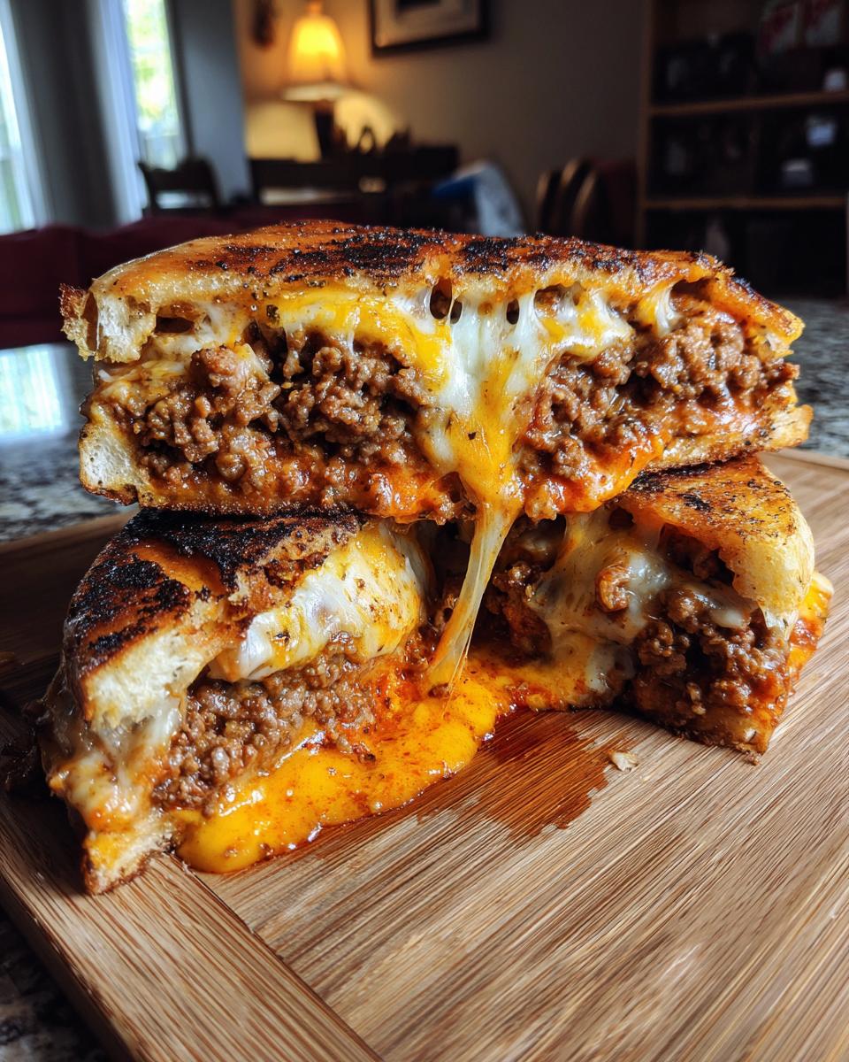 Aufgeschnittenes Ofen-Hackfleisch-Sandwich mit geschmolzenem Käse, der herausläuft, auf einem Holzbrett.