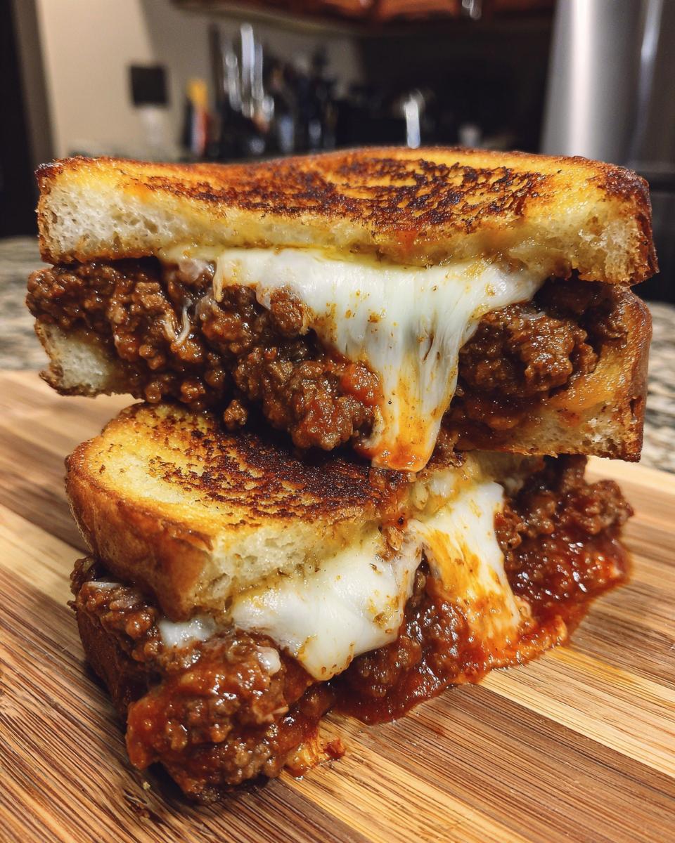 Nahaufnahme eines gestapelten Ofen-Hackfleisch-Sandwichs mit viel geschmolzenem Käse zwischen getoastetem Brot.