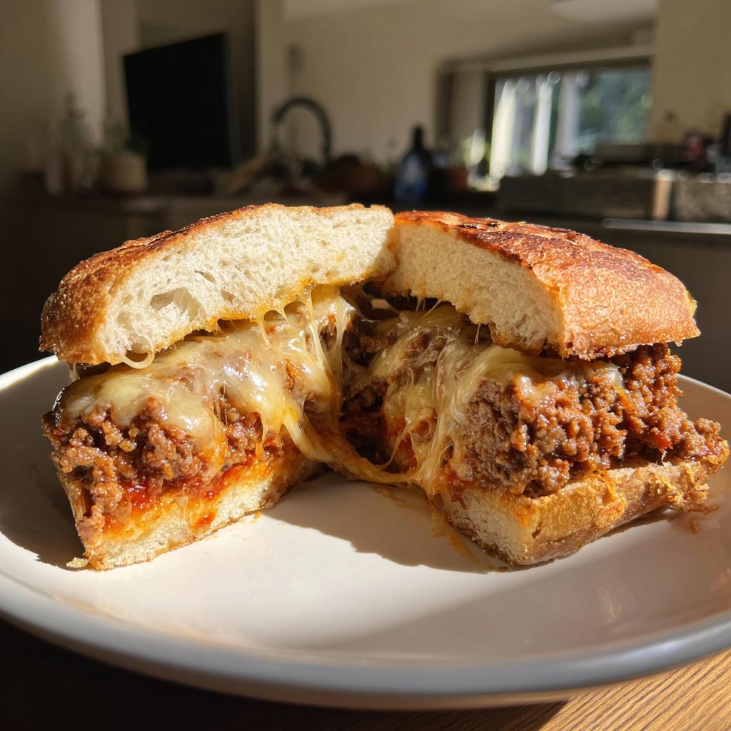 Aufgeschnittenes Ofen-Hackfleisch-Sandwich mit viel geschmolzenem Käse, der Fäden zieht.