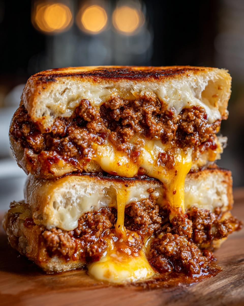 Nahaufnahme eines aufgeschnittenen Ofen-Hackfleisch-Sandwichs, bei dem der Käse und die Hackfleischfüllung herauslaufen.