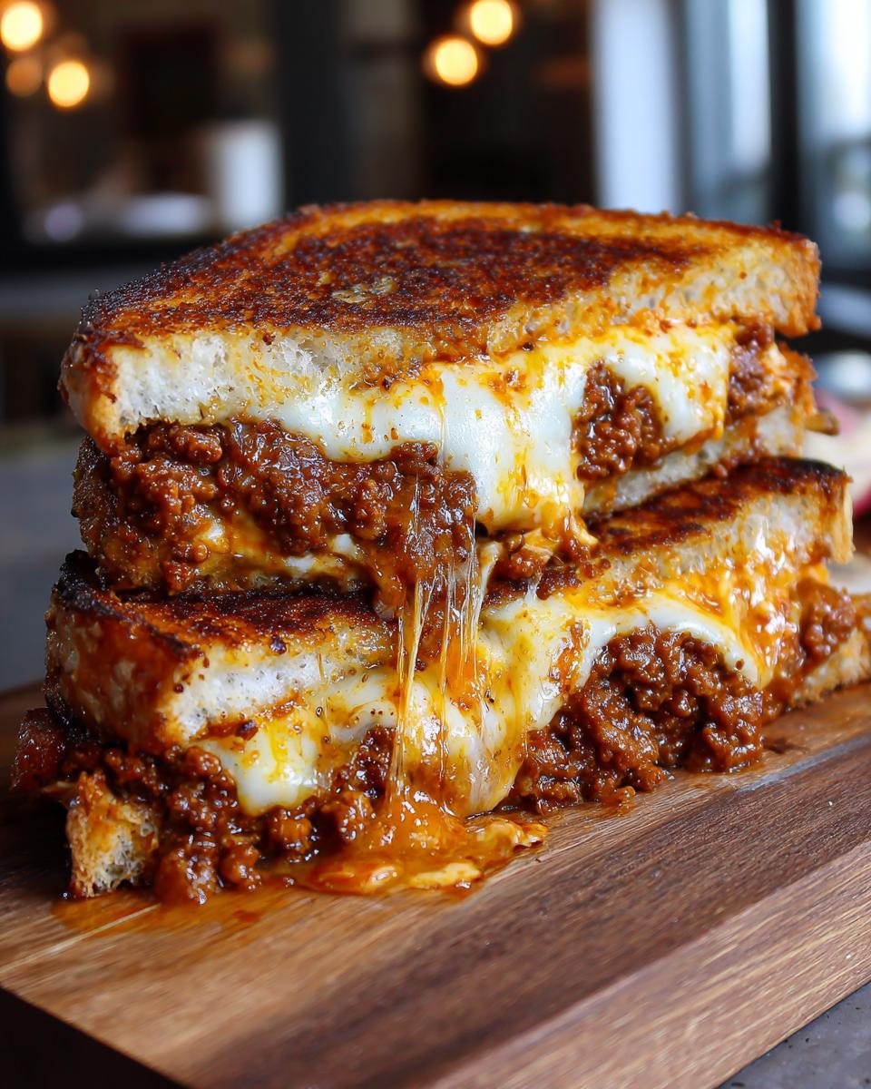 Ein saftiges Ofen-Hackfleisch-Sandwich, aufgeschnitten mit viel geschmolzenem Käse und Hackfleischfüllung.